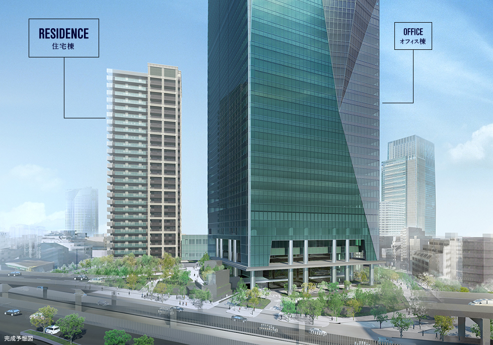 約2.7haの広大なエリアに、オフィス棟（40階）・レジデンス棟（27階）・商業棟（3階）から構成される大規模複合再開発になります。